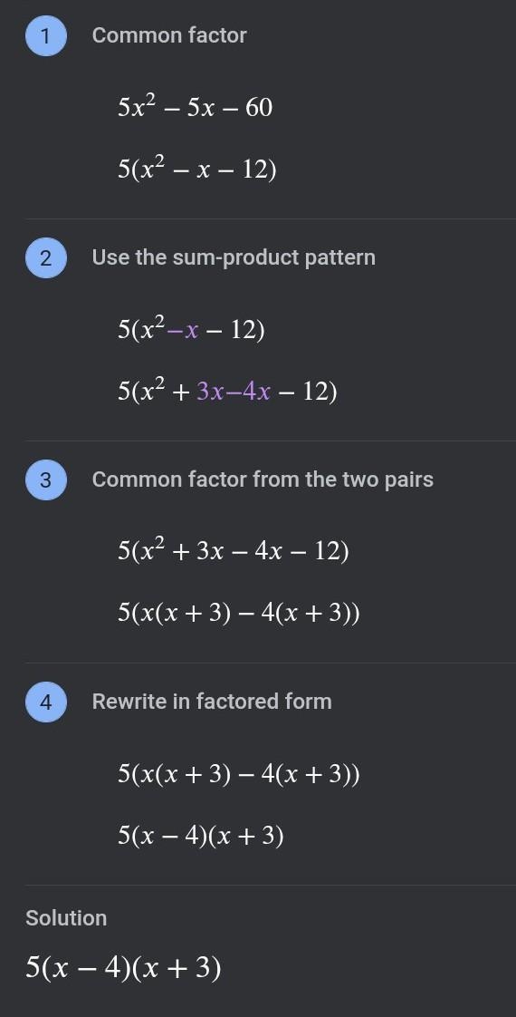 Factor 5x2-5x - 60. 5(x + 3)(x-4) 5(x - 3)(x + 4) 5(x-4)(x + 3)-example-1