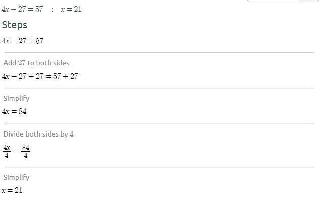 Solve: 4x - 27 = 57 ty-example-1