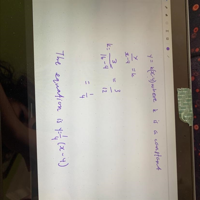 Y is directly proportional to ( x - 4 ) . When x = 16, y = 3. Find y in terms of x-example-1