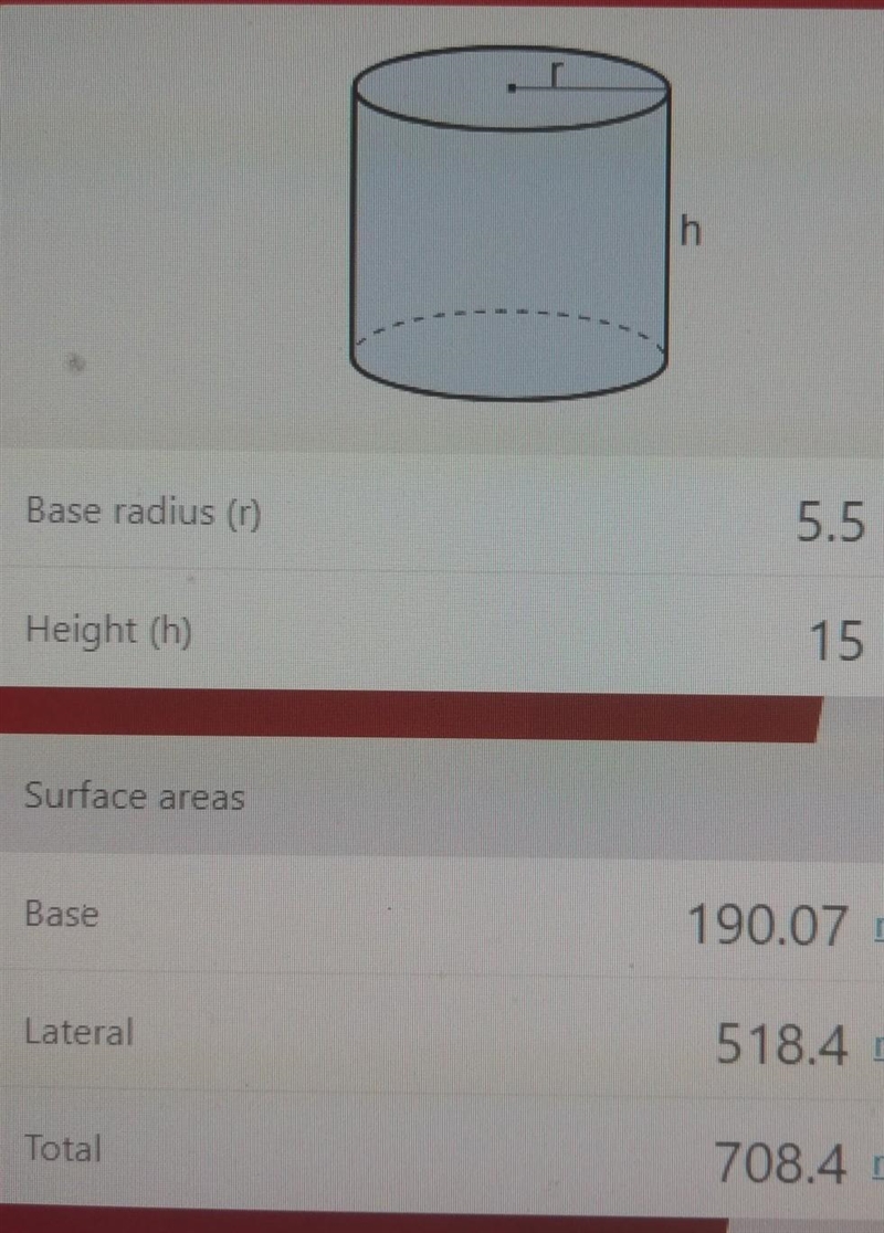 Find the surface area of a cylinder that has a radius of 5.5 m and a height of 15 m-example-1