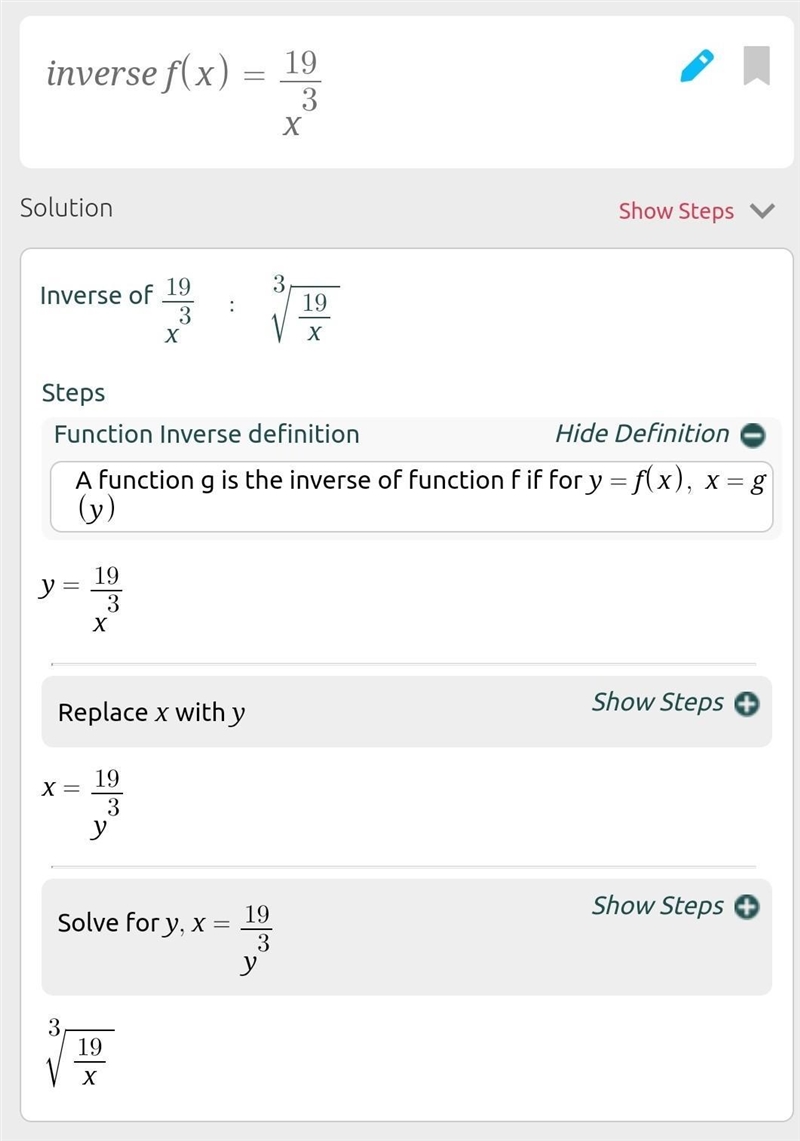 What is the inverse of the function f(x) 19 13? OA-110) = 319 OB. 5-1,5) = 19 T 319 Oc-example-1