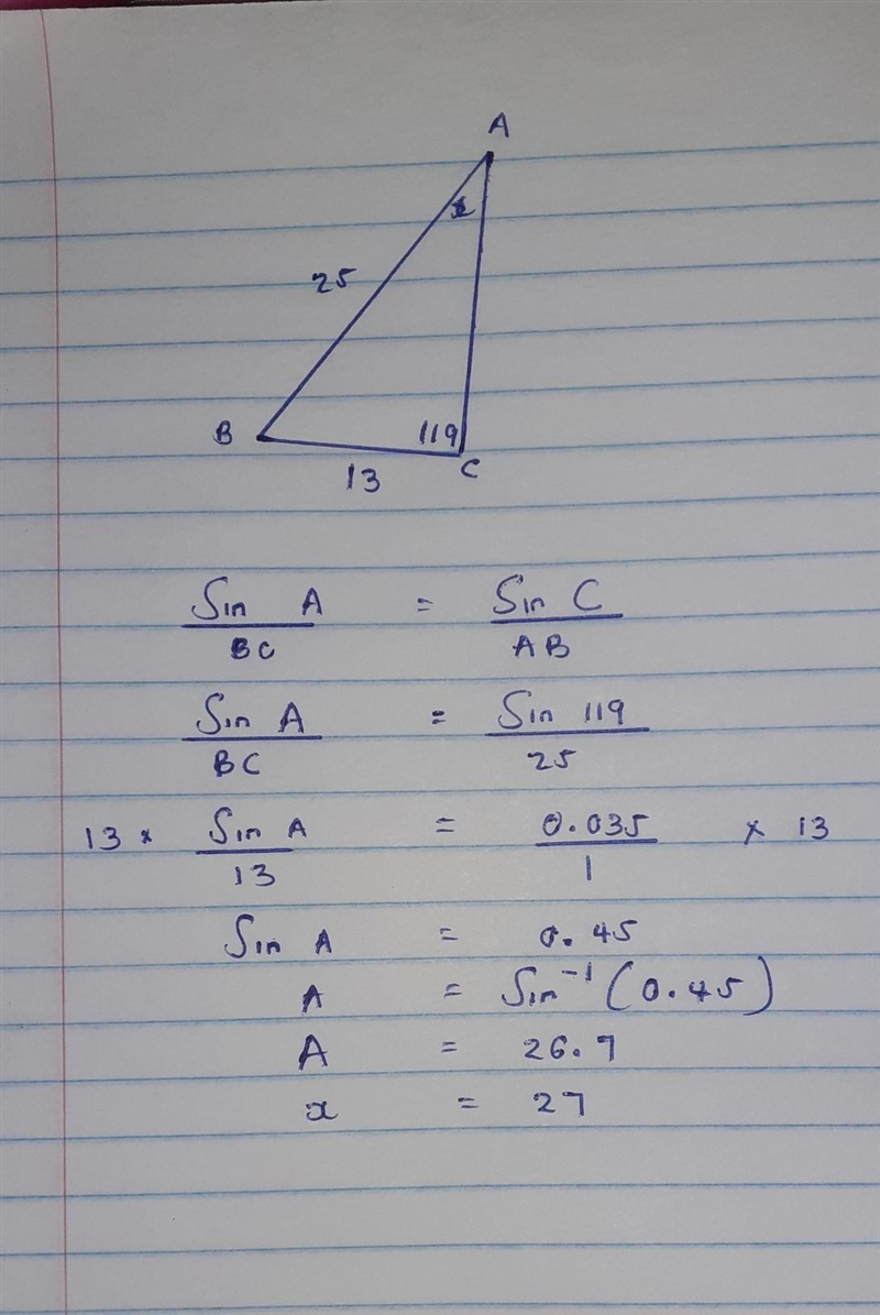 4. Use the.Law of Sines to find the missing angle 25 1197 13 A. 27° B. 25° C. 32° d-example-1