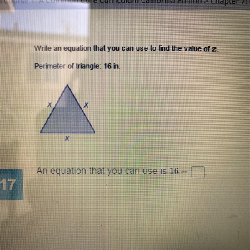 Item 9 Write an equation that you can use to find the value of x. Perimeter of triangle-example-1