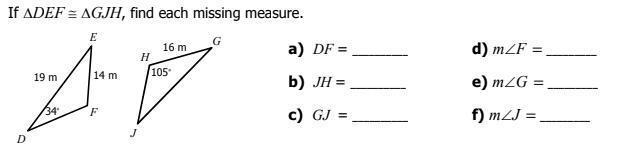 If triangle DEF is congruent to triangle GJH, find each missing angle?-example-1