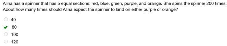 Alina has a spinner that has 5 equal sections: red, blue, green, purple, and orange-example-1