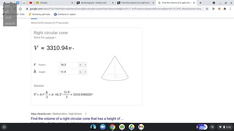 Find the volume of a right circular cone that has a height of 11.9 ft and a base with-example-1