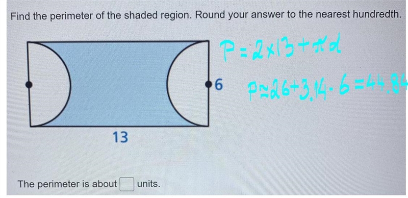 Find the perimeter of the shaded region. Round your answer to the nearest hundredth-example-1