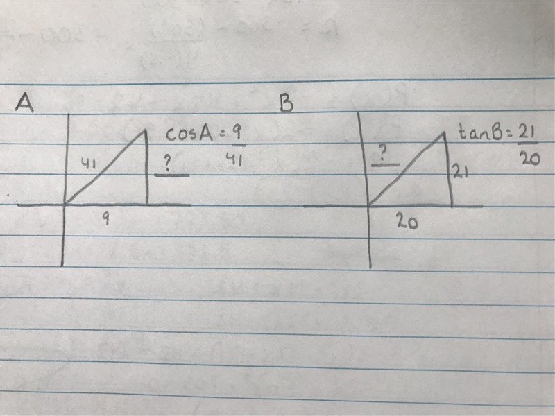 for positive acute angles A and B, it is known that cos A=9/41 and tan B=21/20. Find-example-1