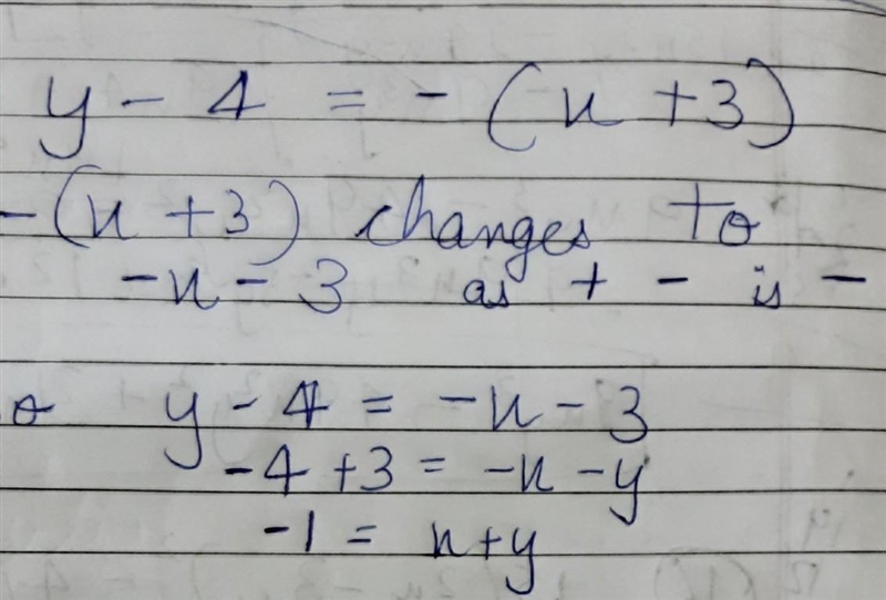 How do you write y - 4 = -(x + 3) in standard form? A) x + y = 1 B) x-y=1 x + y = -1 D-example-1