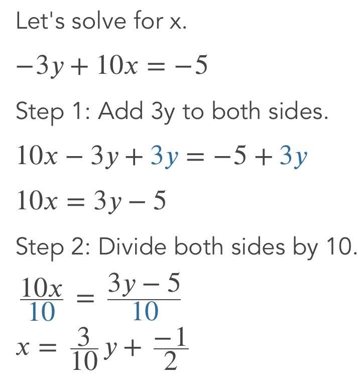 Solve the system of equations. 57 - 10x = 45 - - 3y + 10x = -5-example-1