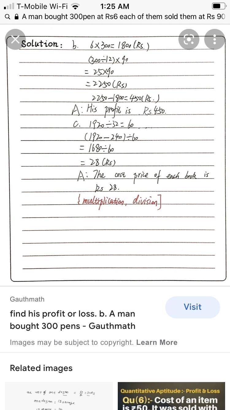 A man bought 300pen at Rs6 each of them sold them at Rs 90 per dozen. find his profit-example-1