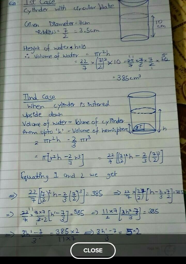 A hollow cylinder has solid hemisphere in one end and on the other end it is closed-example-1