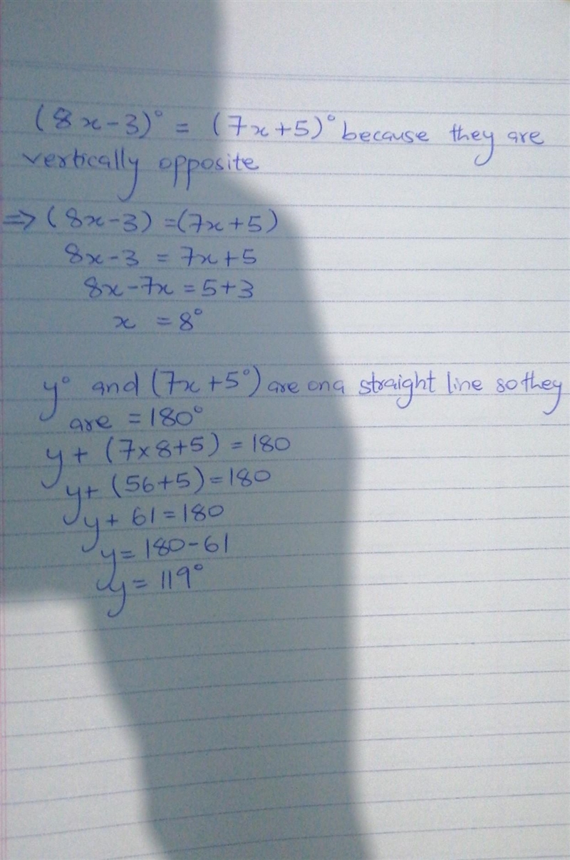 Given m 11 n, find the value of x and y. וז (7x+5) n (8x-3) Do-example-1