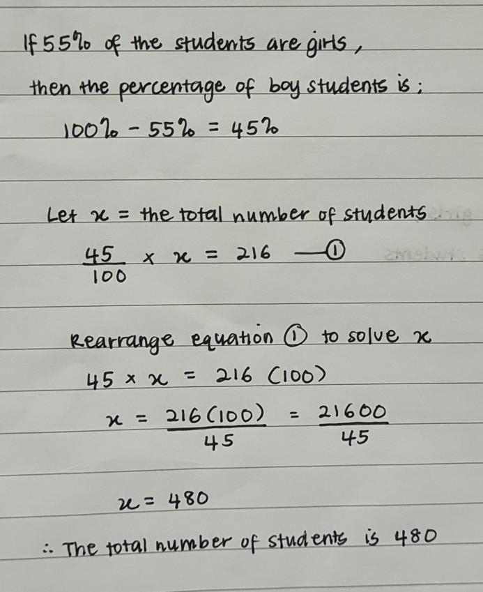 55 per cent of the students in a school are girls. What percentage of the students-example-1