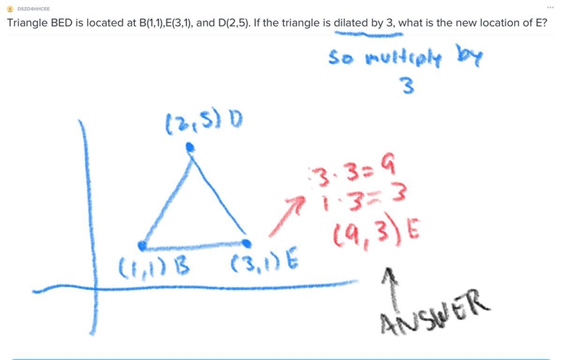 Triangle BED is located at B(1,1),E(3,1), and D(2,5). If the triangle is dilated by-example-1