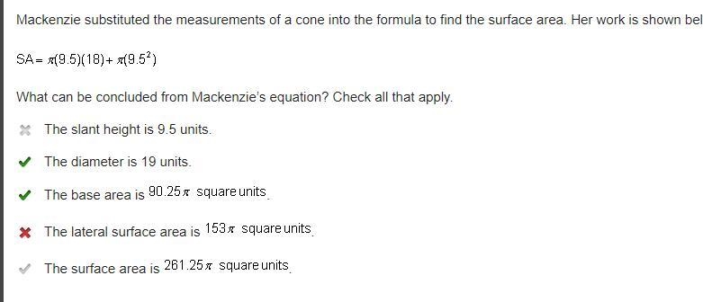 Mackenzie substituted the measurements of a cone into the formula to find the surface-example-1