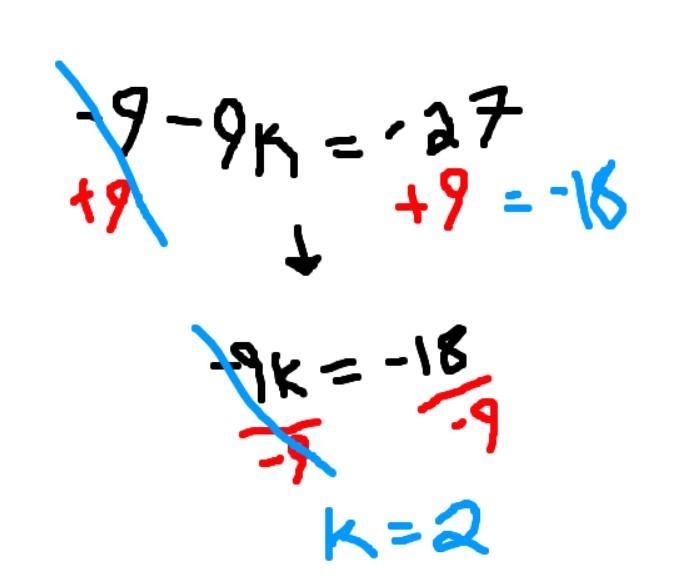 Solve for k. -9 - 9k = -27 ​-example-1