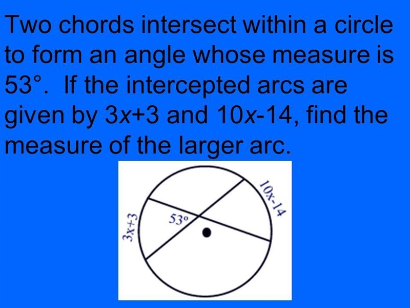 Two chords intersect within a circle to form an angle whose measure is 53 degrees-example-1