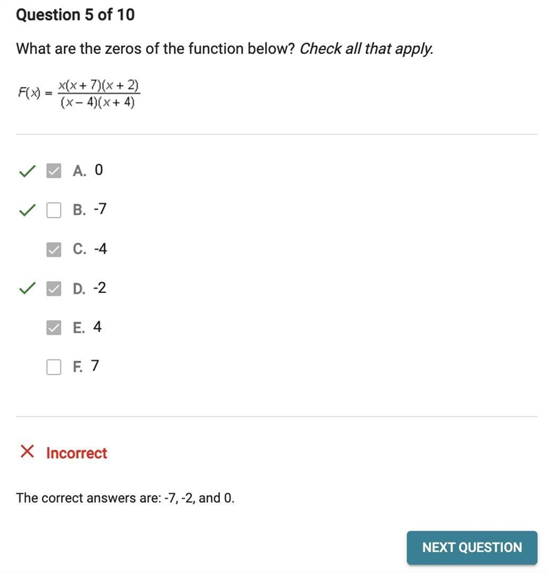 What are the zeros of the function below? Check all that apply. F(x)=x(x+7)(x+2)/(x-example-1