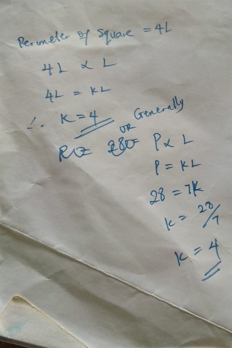 The perimeter of a square is directly proportional to the length of one of its sides-example-1