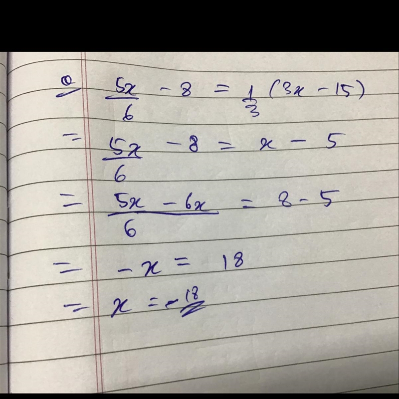 (5)/(6)x - 8=(1)/(3)(3x-15)-example-1