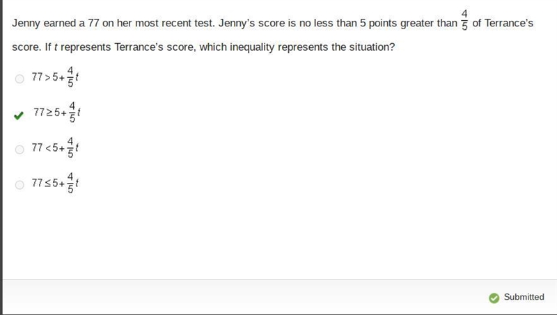 Jenny earned a 77 on her most recent test. Jenny’s score is no less than 5 points-example-1