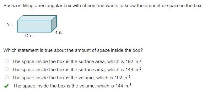 Sasha is filling a rectangular box with ribbon and wants to know the amount of space-example-1