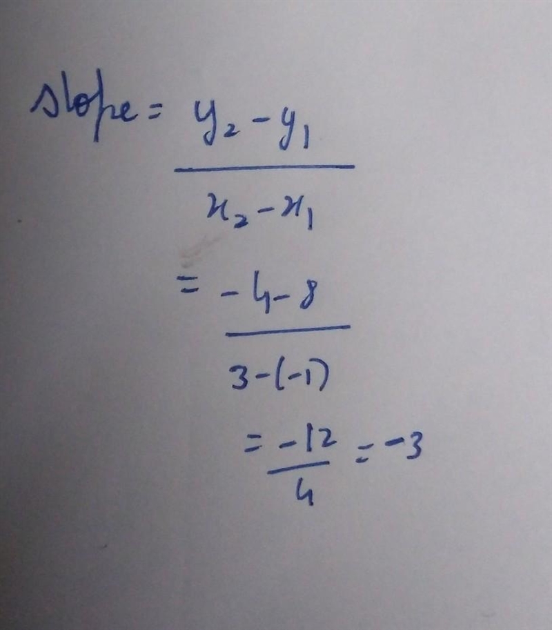 What is the slope of the line through (-1,8) and (3,-4)?-example-1