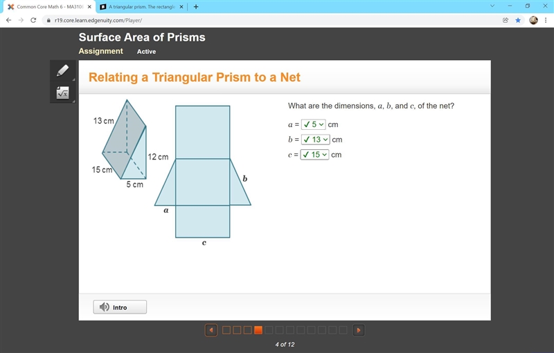 A triangular prism. The rectangle has a base of 15 centimeters and height of 5 centimeters-example-1