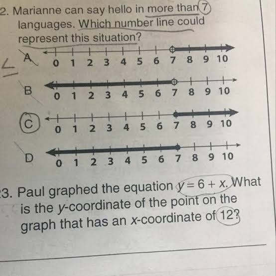 Marianne can say hello in more than 7 languages. Which number line could represent-example-1