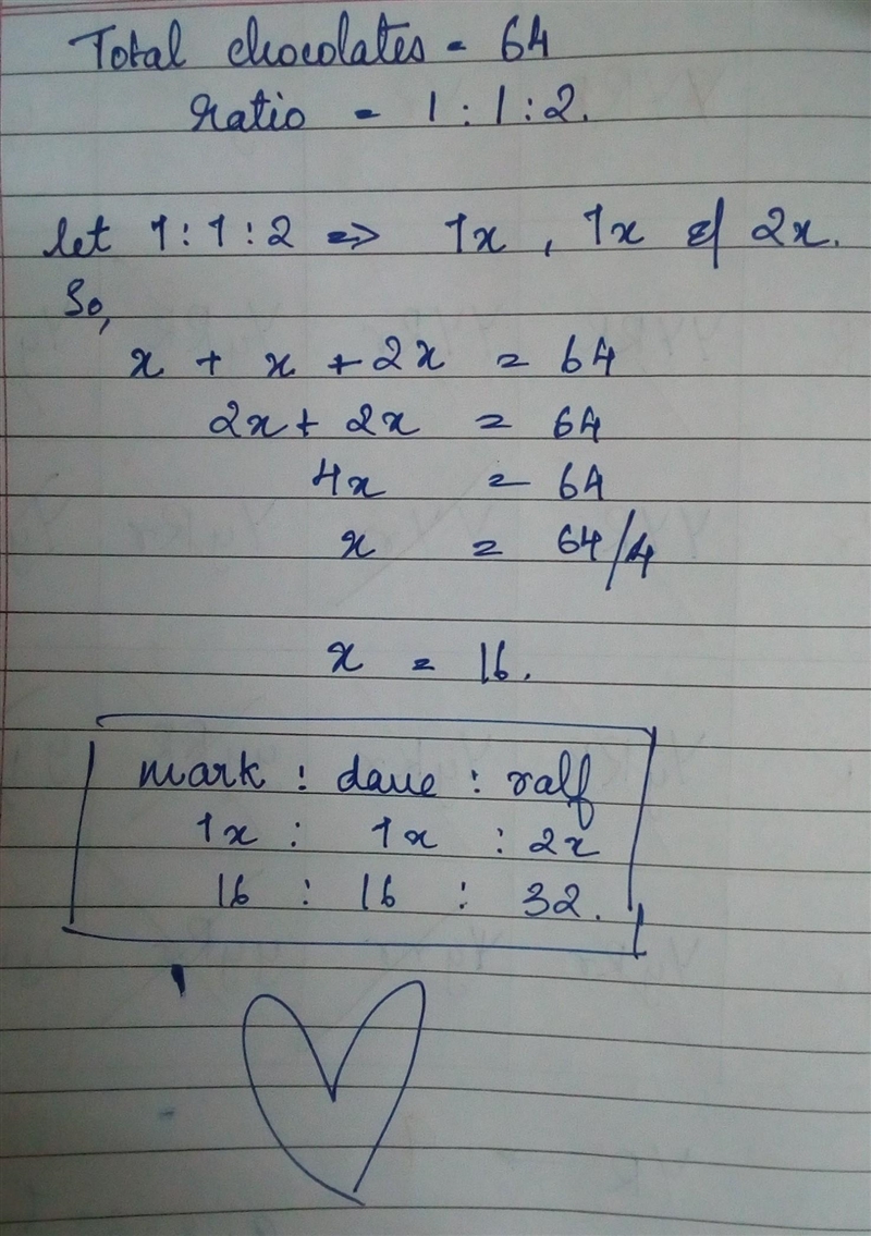 a glass jar has 64 chocolate. mark, dave and ralph will share the chocolate in the-example-1