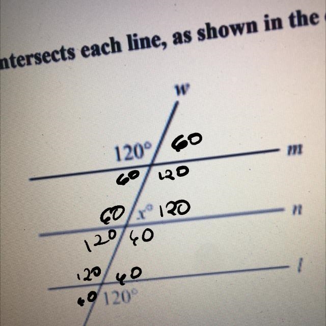 Lines m, n, and I are parallel. Line w intersects each line, as shown in the diagram-example-1