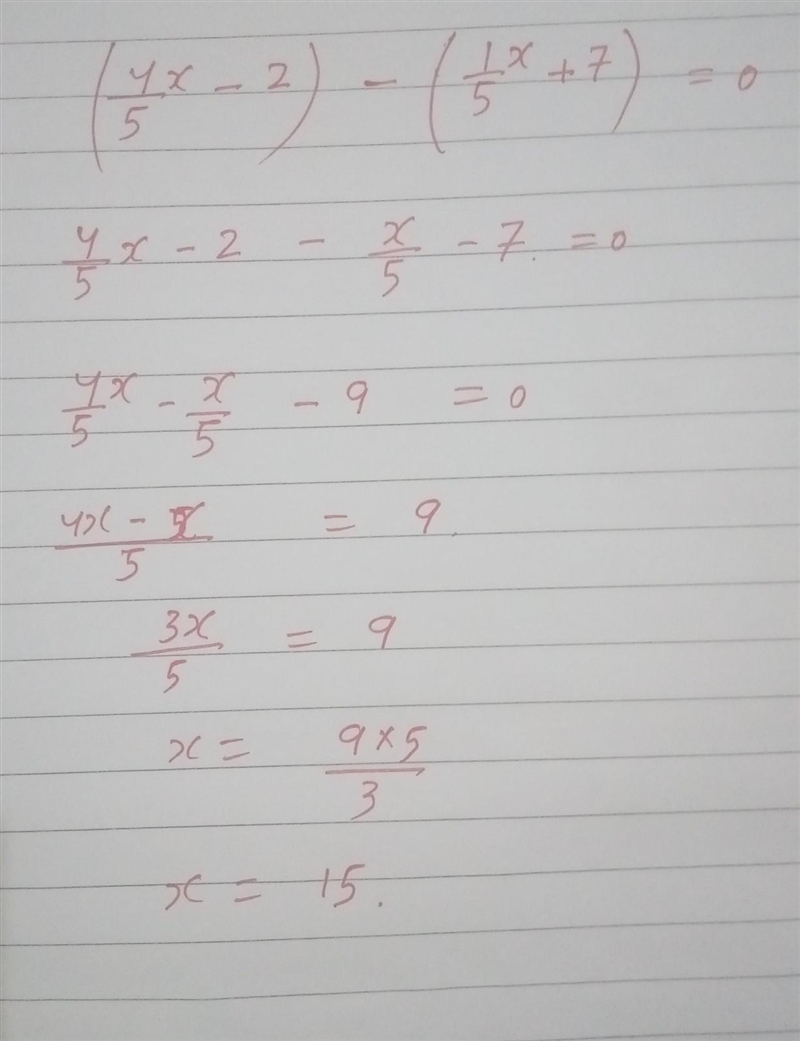 Find the difference of the two expressions. (4/5x- 2) – (1/5x + 7)-example-1