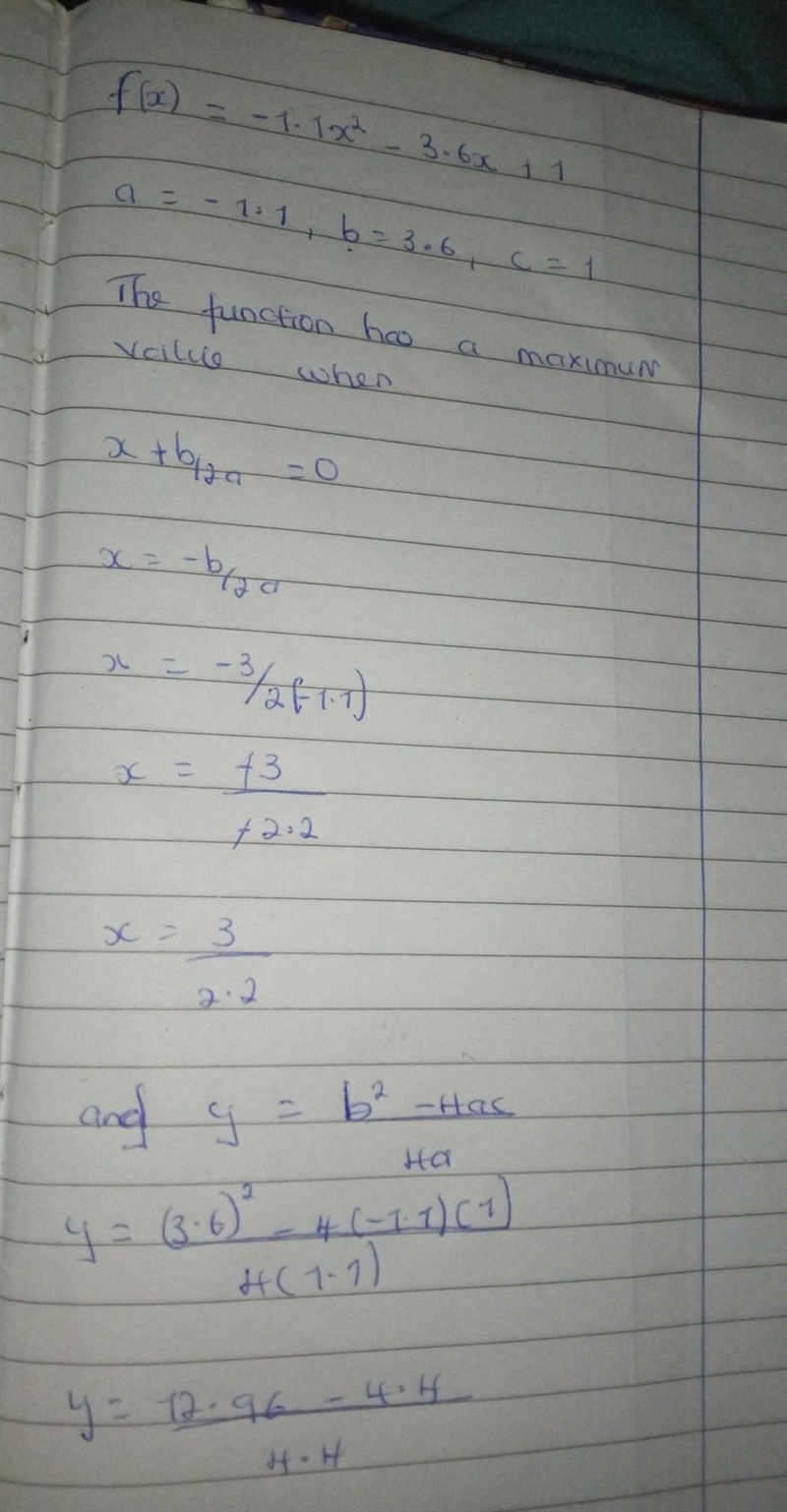 Can someone help please!! find the maximum value of function f(x) = -1.1x^2 - 3.6x-example-1