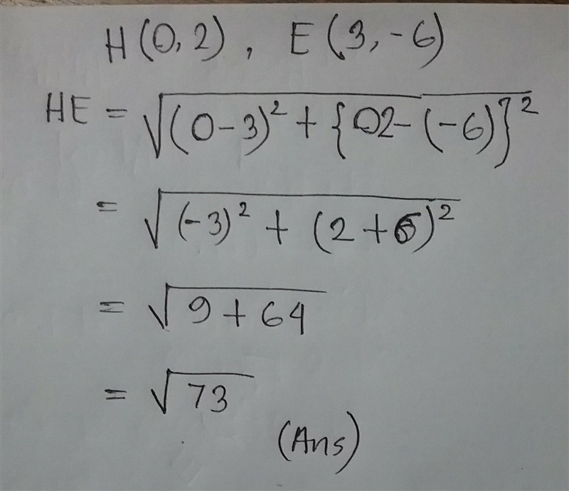 Calculate the distance between the points H= (0, 2) and E = (3, -6) in the coordinate-example-1