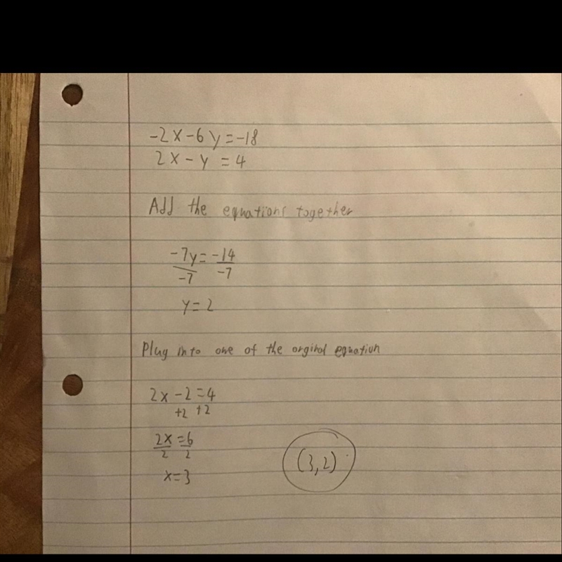 Solve the system by elimination. Show all work. -2x-6y=-18 and 2x-y=4-example-1