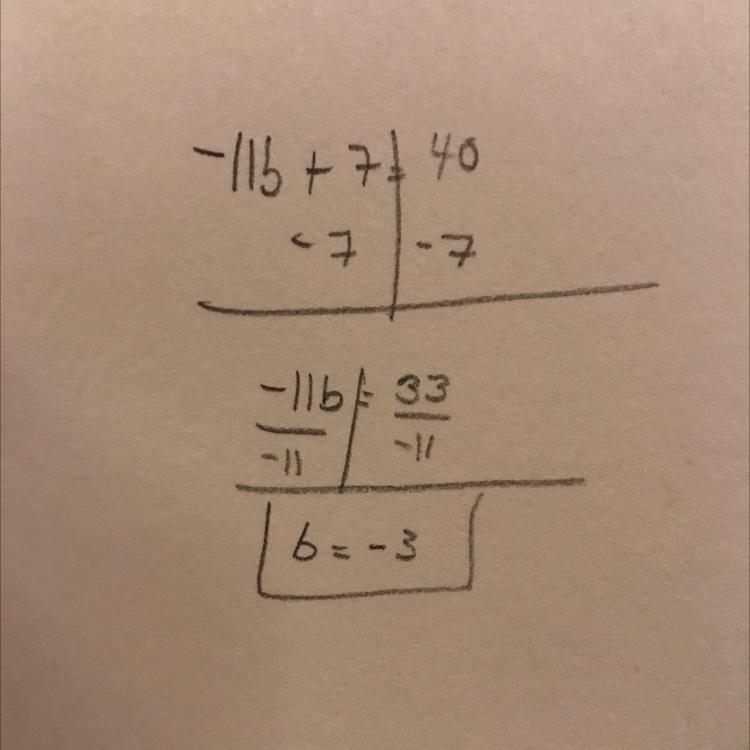 Solve for b -11b+7=40 B=-example-1