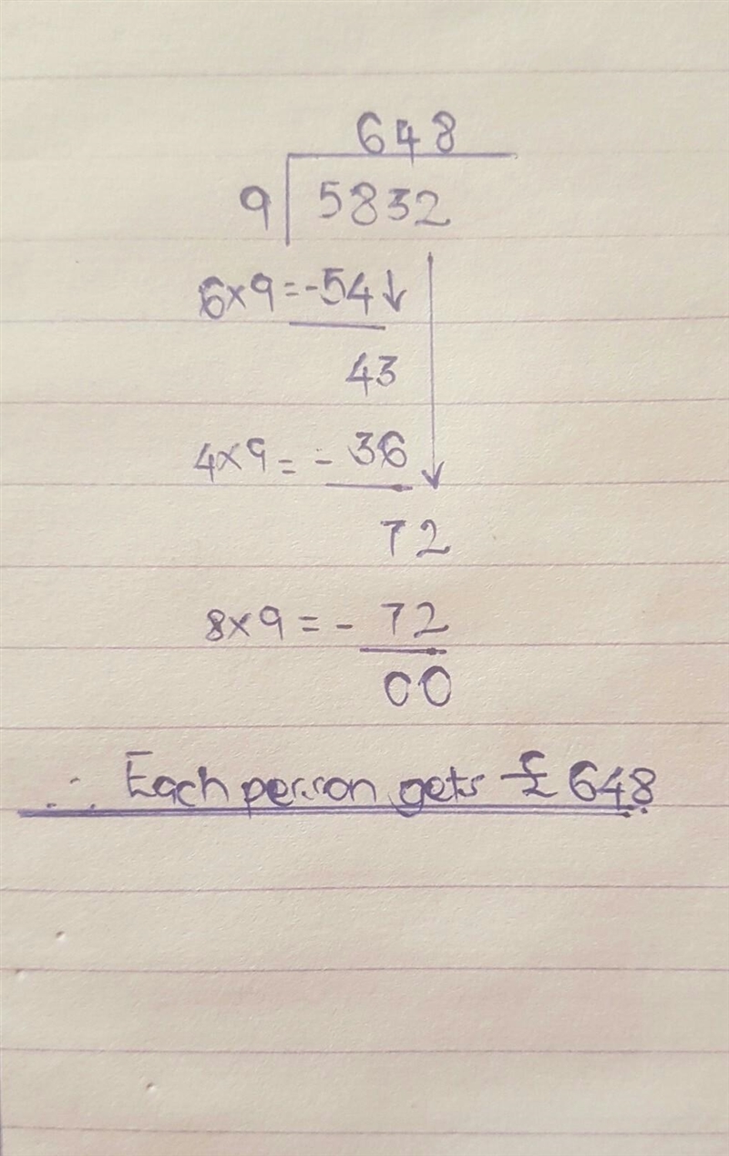 £5832 is shared equally between 9 people. How much does each person get?-example-1