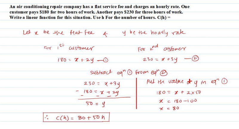 An air conditioning repair company has a flat service fee and charges an hourly rate-example-1