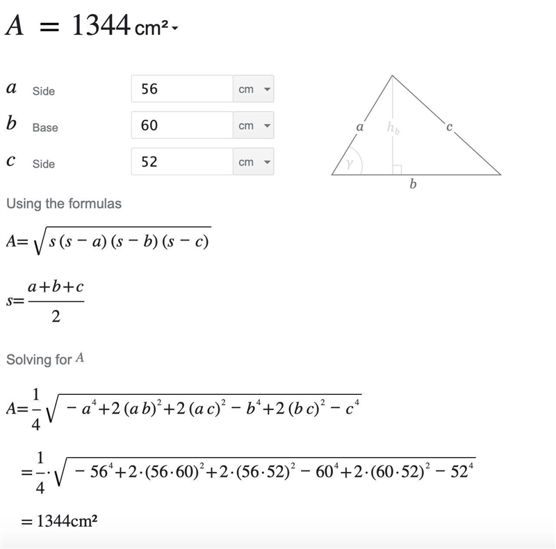 What is the area of a triangle with sides 56 cm, 60 cm and 52 cm? ​-example-1