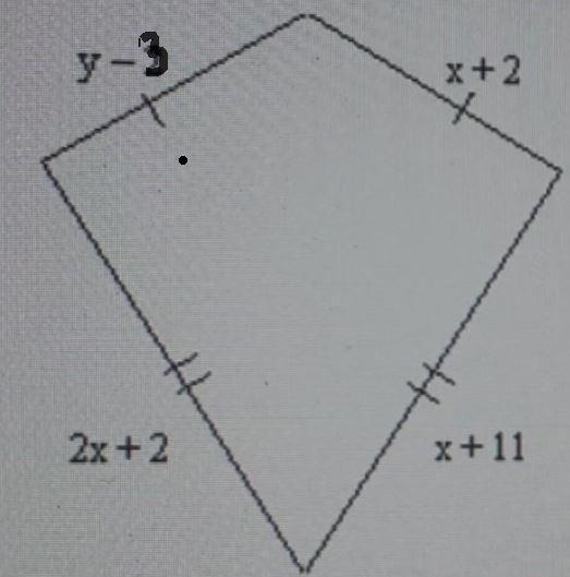 3. Find the values of the variables and the lengths of the sides of this kite. y - 3 x-example-1