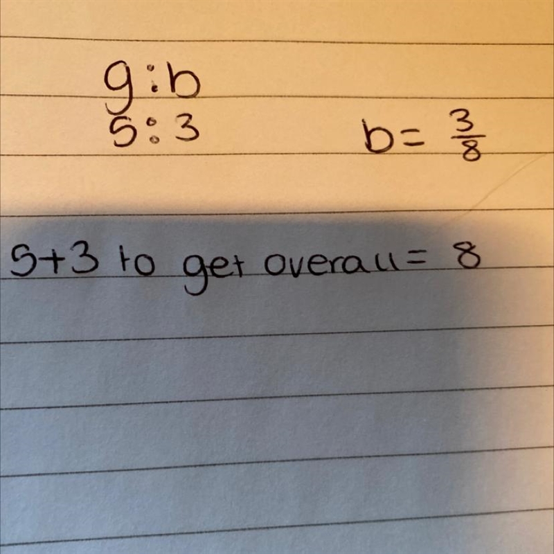 In a class, the ratio of girls : boys is 5:3. What fraction of the class are boys-example-1