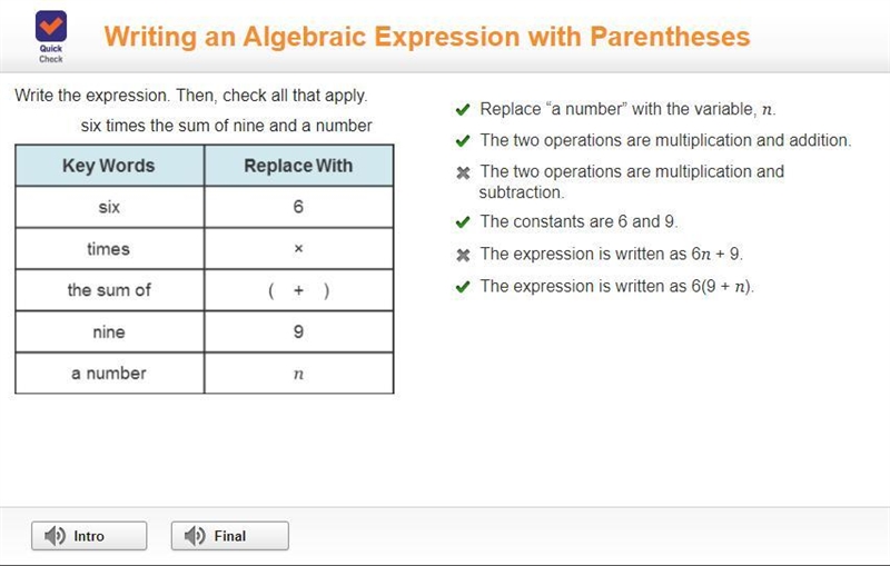 Write the expression. Then, check all that apply. six times the sum of nine and a-example-1