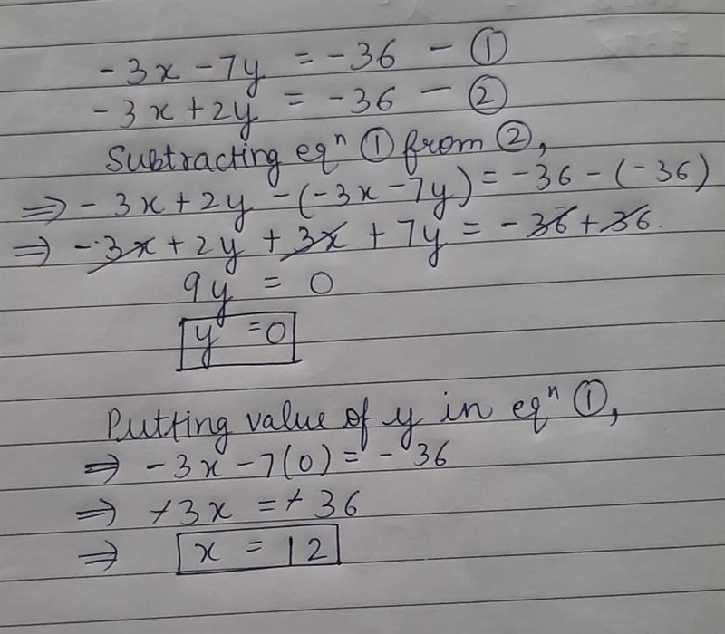 Find the solution of this system of equations -3x = -36 + 7y -3x + 2y = -36 Enter-example-1