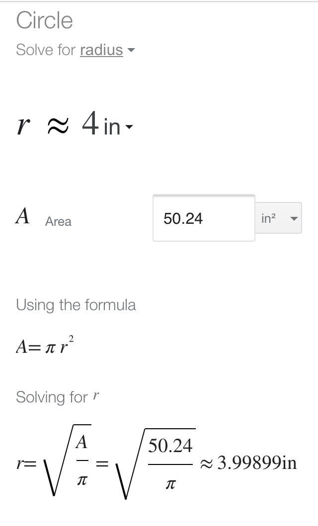 The area of a circular plate is approximately 50.24 in2. What is the radius of the-example-1