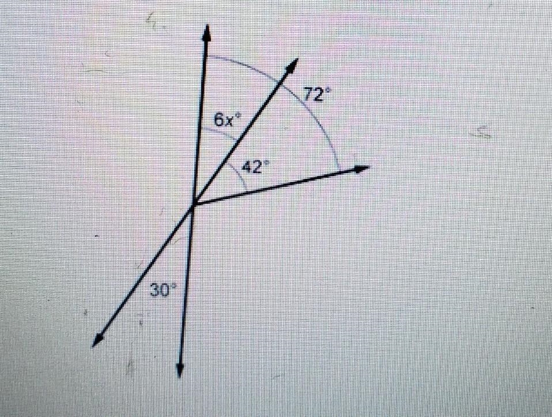 Find the value of x and the measure of the angel labeled 6x. A. X=5; angle measure-example-1