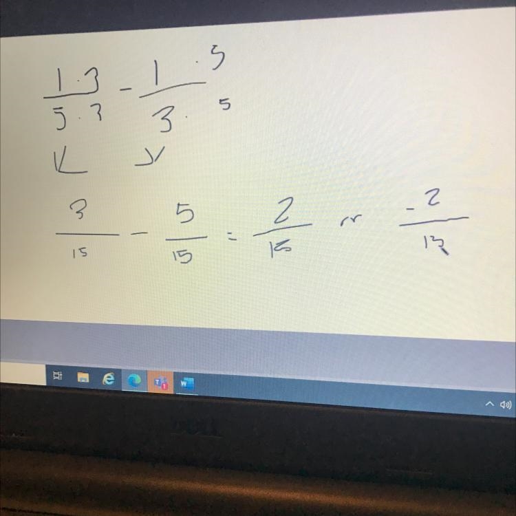 What is the answer to the 1/5 - 1/3 = ? Pls help if I fail I could be on punishment-example-1