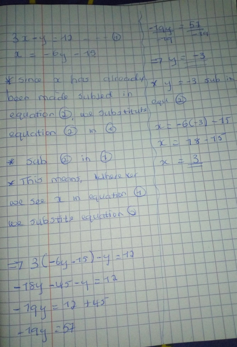 Help, please! 3x−y=12 x=−6y−15 What is the solution? Show work!-example-1