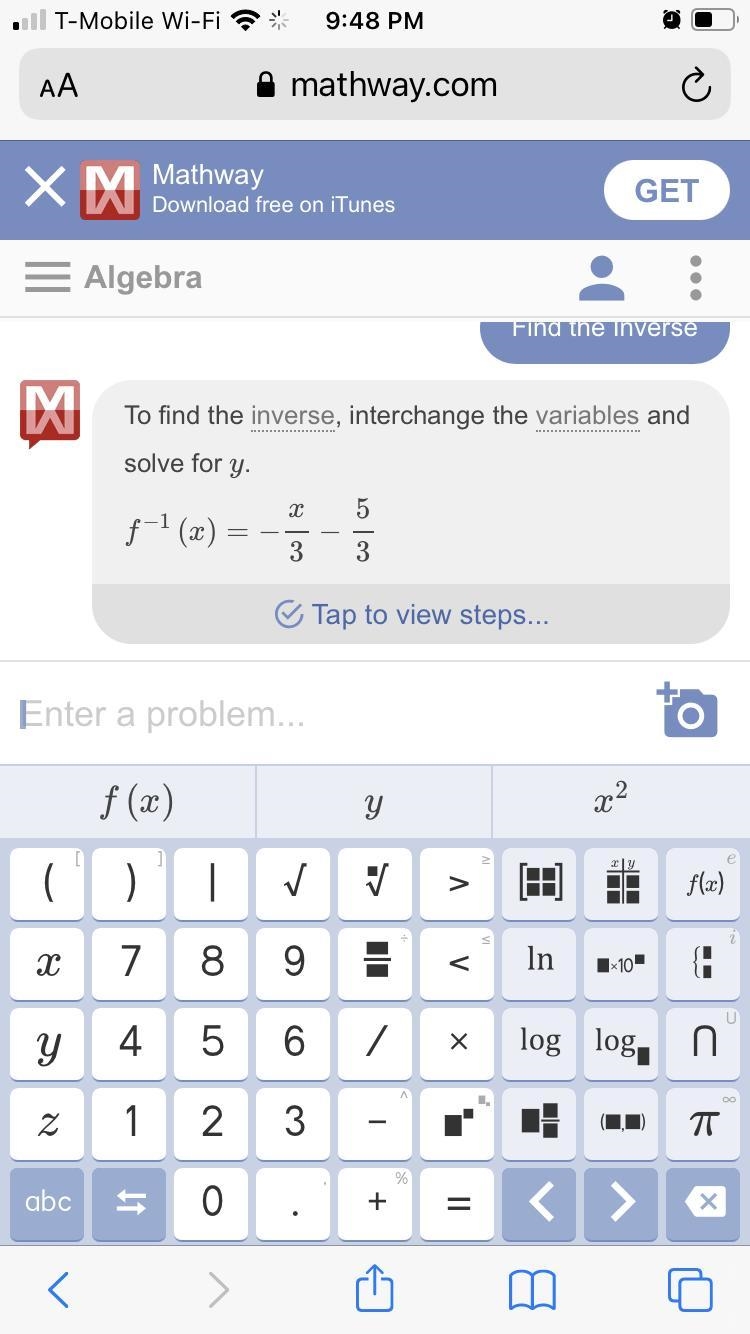 Finding the inverse algebraically f(x) = -3x+5 ​-example-1