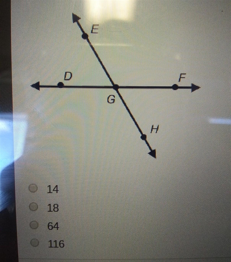 If the measure of Angle F G H is 64 degrees and the measure of Angle E G D is (4 x-example-1